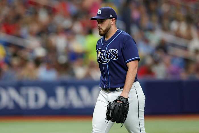 Sep 4, 2023; St. Petersburg, Florida, USA; Tampa Bay Rays starting pitcher Aaron Civale (34) leaves the game against the Boston Red Sox in the sixth inning at Tropicana Field. Mandatory Credit: Nathan Ray Seebeck-USA TODAY Sports